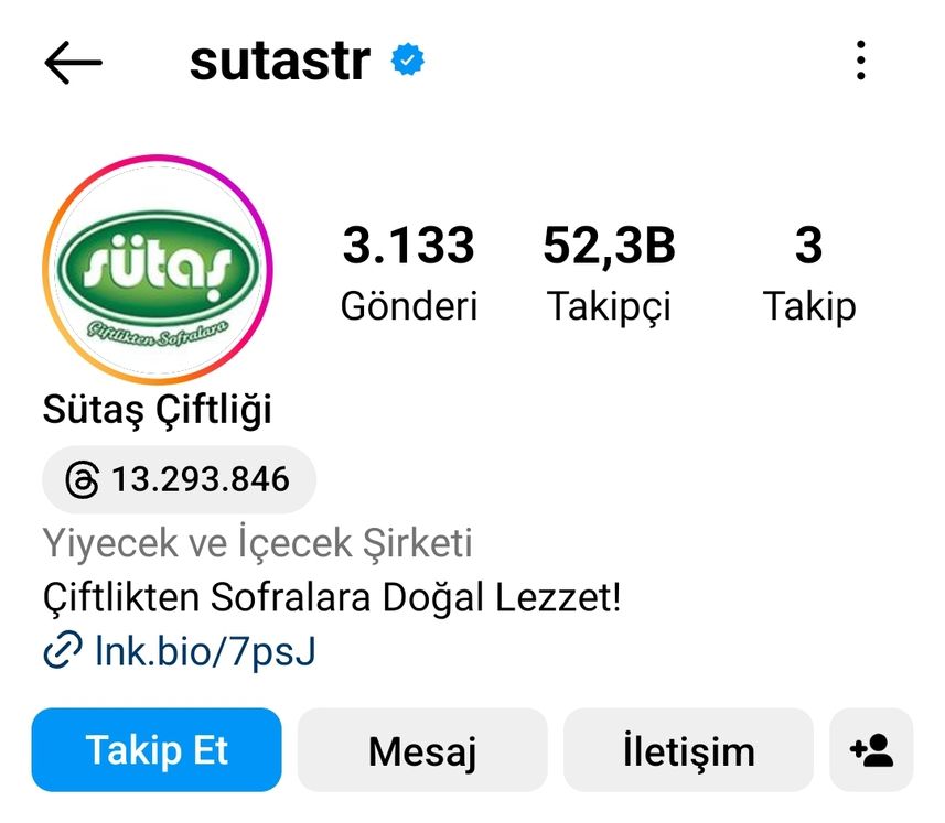 Sütaş Instagram hesabının profil alanı
