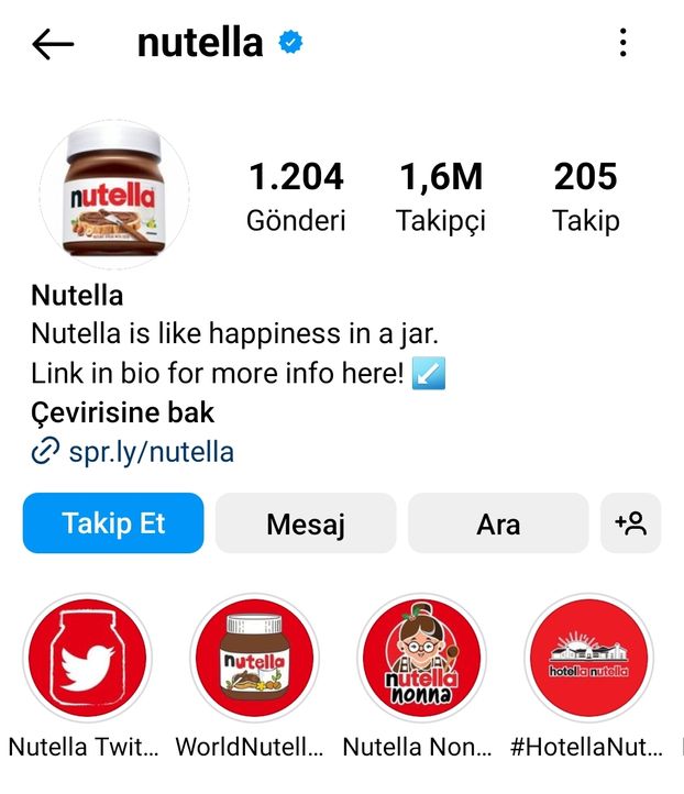 Nutella Instagram hesabının profil alanı ve öne çıkan hikayeleri