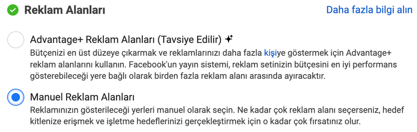Meta reklam hesabındaki reklam alanı seçeneklerinin ekran görüntüsü