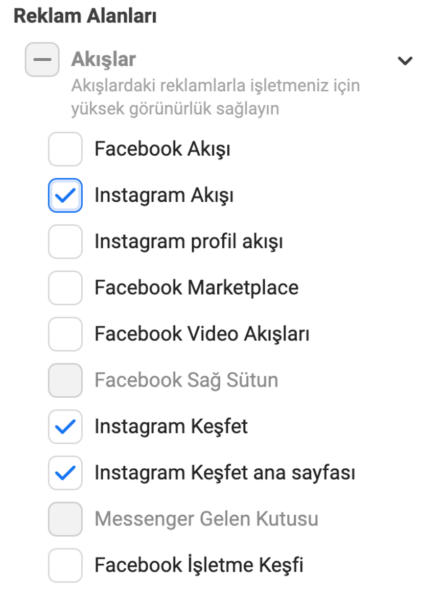 Meta reklam hesabındaki reklam alanı seçeneklerinin ekran görüntüsü