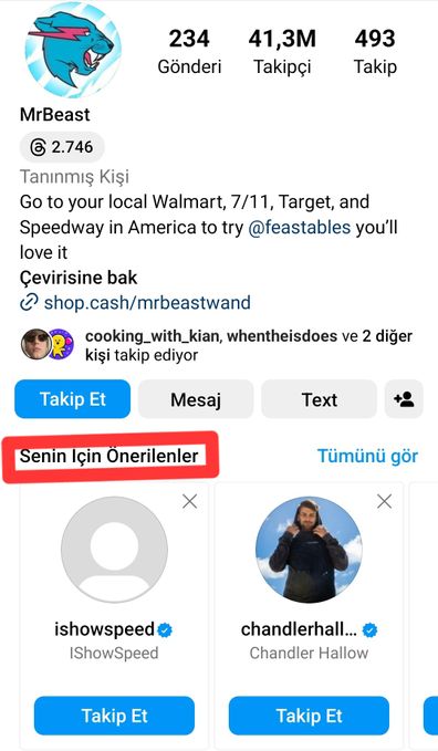 MrBeast Instagram hesabı ekran görüntüsü