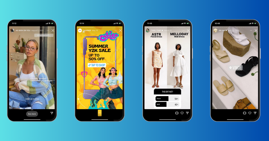 Instagram-Story-Ideen für das Social-Media-Marketing für Boutiquen: Kundenhighlights, Rabattankündigung, lustige Umfragen, Bilder von Produkten in den Regalen