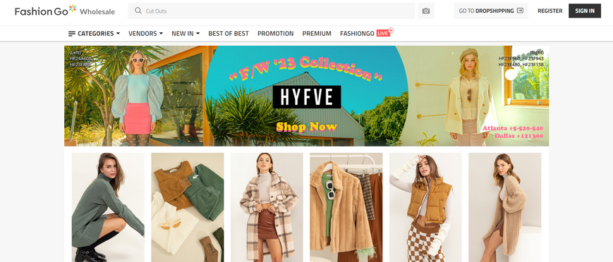 Page d'accueil d'un marché de vente en gros de vêtements - Fashion Go