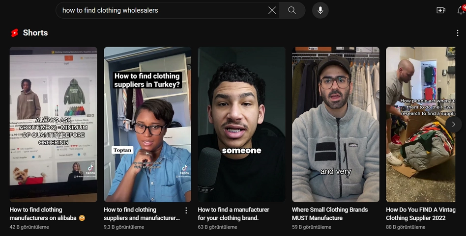 searching results of "how to find clothing wholesalers" in YouTube