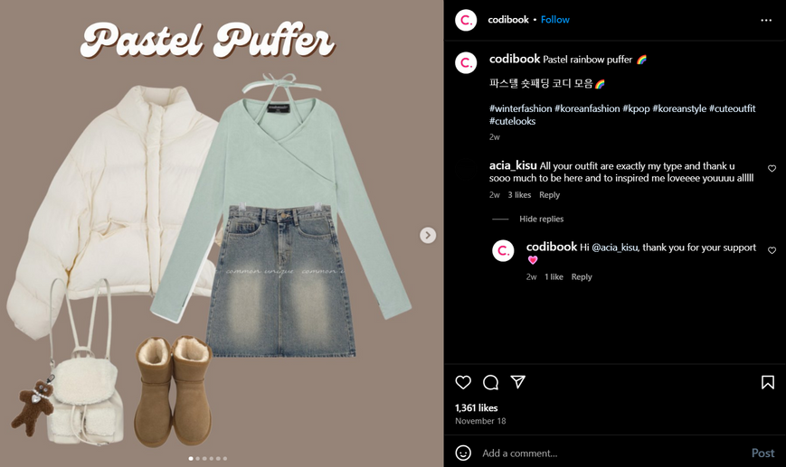 Eine Instagram-Kommentarseite eines Onlineshops, der mit seinen Followern chattet