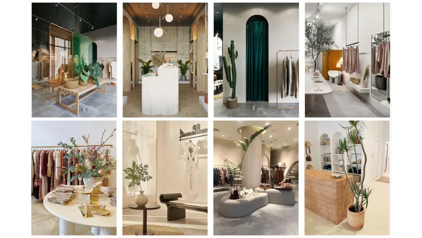 bitkilerin öne çıkarıldığı butik giyim mağazalarını içeren bir kolaj