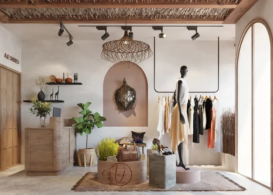Butik dekorasyon fikirlerini sergileyen mankenler ve raflar içeren bir kadın giyim mağazası