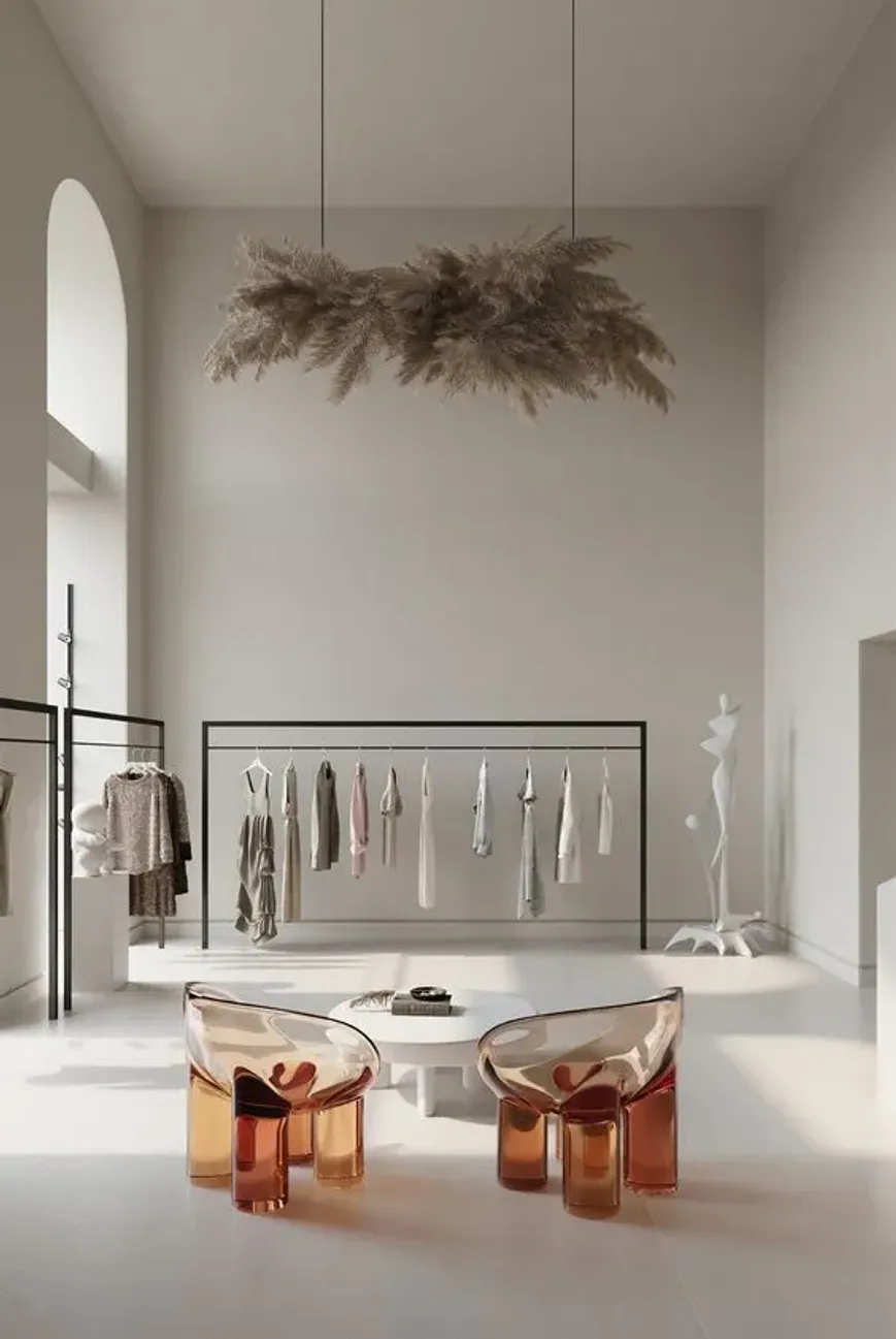 tüylü bir avizenin tavandan sarktığı butik