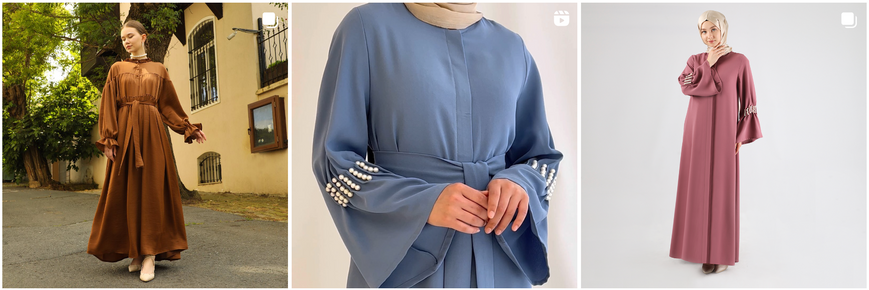 Tre foto di donne che indossano eleganti abaya turche.