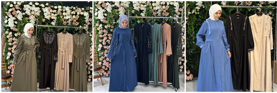 A woman wearing different styles of wholesale abayas.