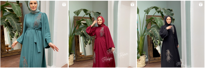 Donne che indossano tre diversi colori di abaya turchi decorati con cristalli.