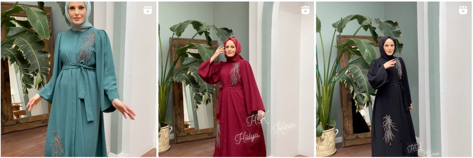 Women wearing three different colors of crystal-embellished Turkish abayas.