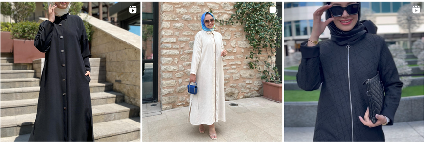 Donne che indossano tre abaya turchi dai toni naturali