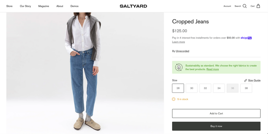 Screenshot of a cropped jeans product page from Saltyard’s website using Symmetry theme that is one of the best Shopify themes for clothing brands.