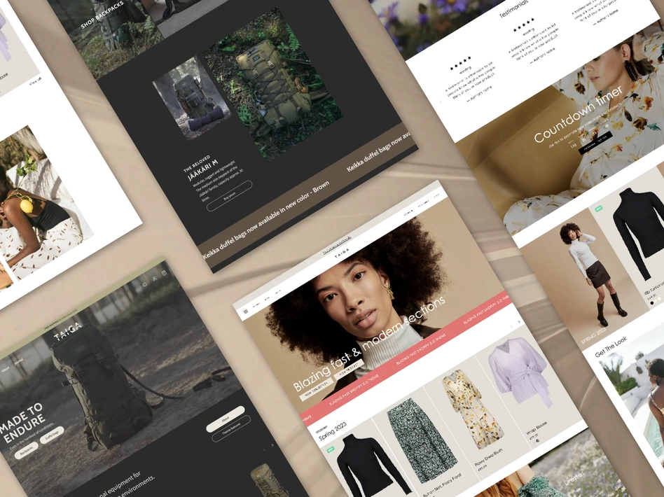 Various screenshots of a website using the Taiga theme which is one of the best Shopify themes for clothing brands.