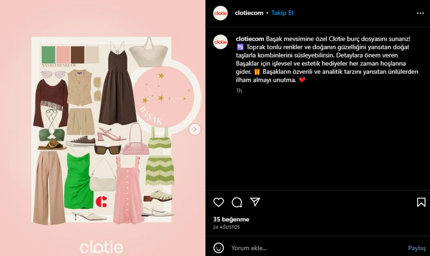 Clotie Istagram hesabının burç dosyası temasıyla farklı burçların öne çıkan özelliklerini  giyimde yansıtmaya yönelik  bilgilendirici içerik