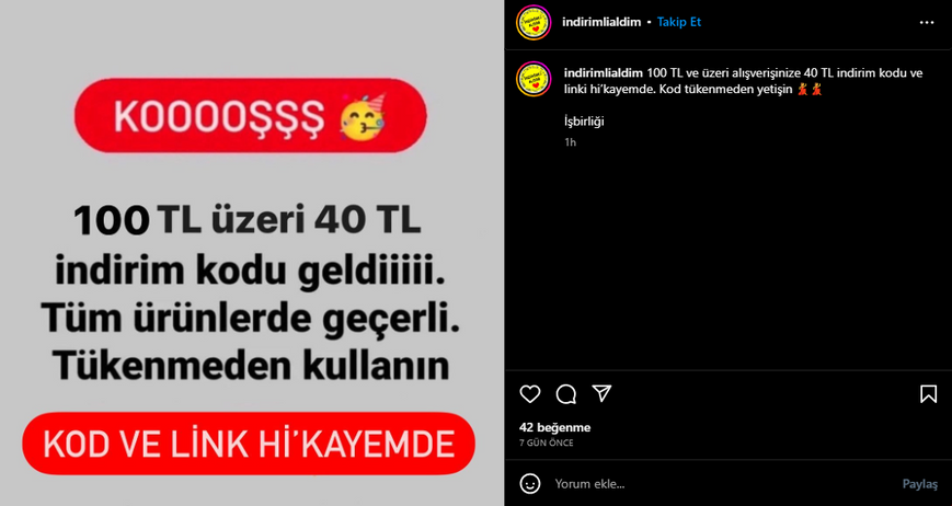 İndirimli Alın Instagram hesabında harekete geçirici bir metinle desteklenmiş indirim paylaşımı