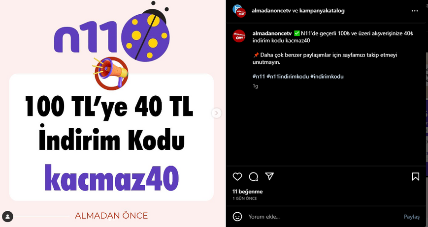 n11'in, logo rengini ve yazı stilini kullandığı Instagram reklam kampanyası görseli