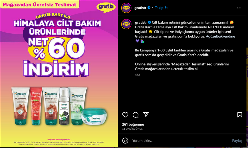 Gratis Instagram sayfasında yazıyla desteklenmiş indirim kampanyası görseli