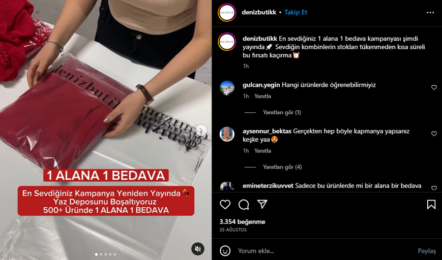 Deniz Butik'in sezon sonu indirimi için paylaştığı 1 alana 1 bedava kampanyası
