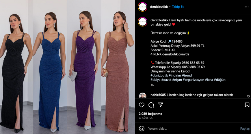 Deniz Butikk'in farklı renk çeşitleriyle satışa sunduğu abiye modeli
