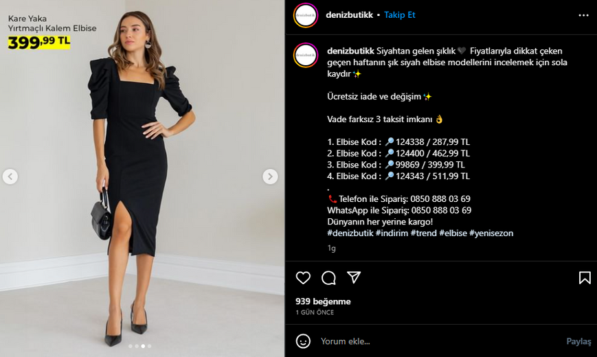 Deniz Butik ürün tanıtım paylaşımlarında ayrıntılı açıklama ve iletişim bilgileri örneği