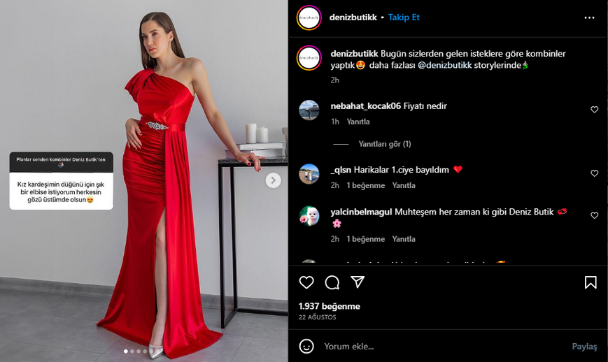 Deniz Butikk'in müşteri yorumlarını paylaşarak etkileşimi artırdığı bir etkinlik örneği