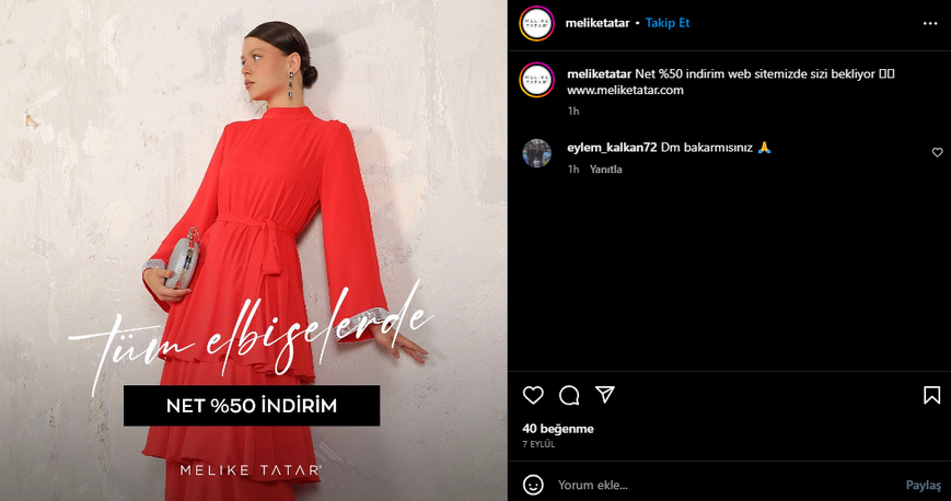 Melike Tatar markasının Instagram sayfasında elbiselere yönelik indirim kampanyası