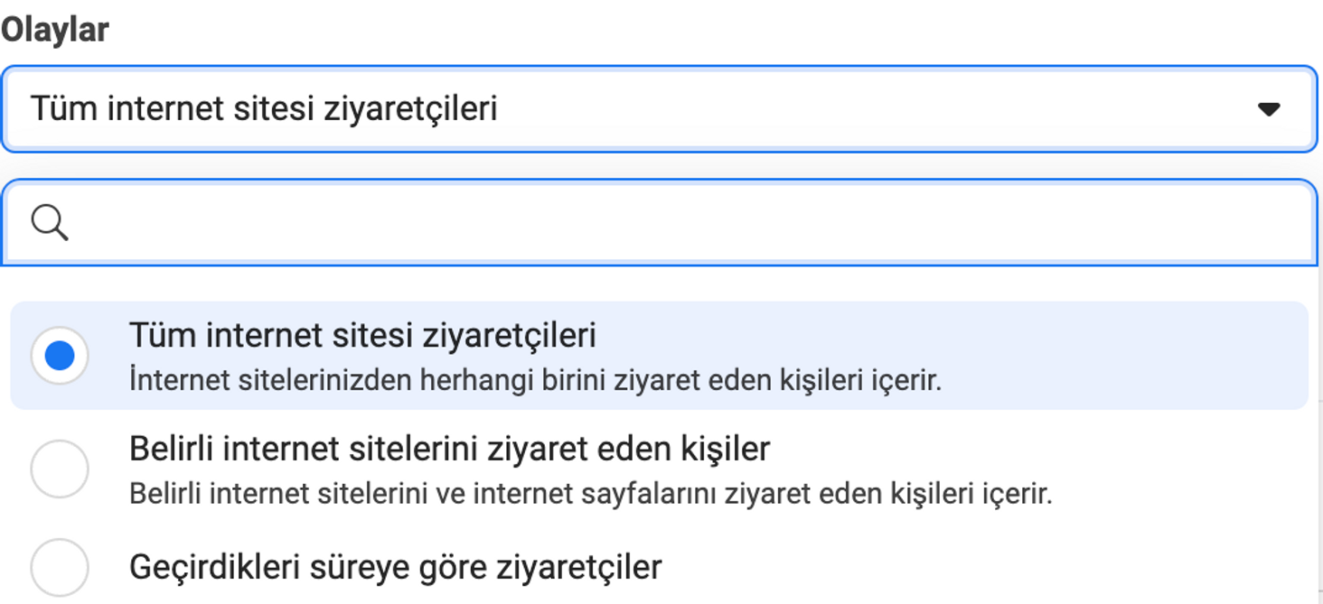 İnternet sitesi ziyaretçilerini veri kaynağı olarak kullanmak için Olaylar bölümünde yapılacak ayarlamaları anlatan görsel