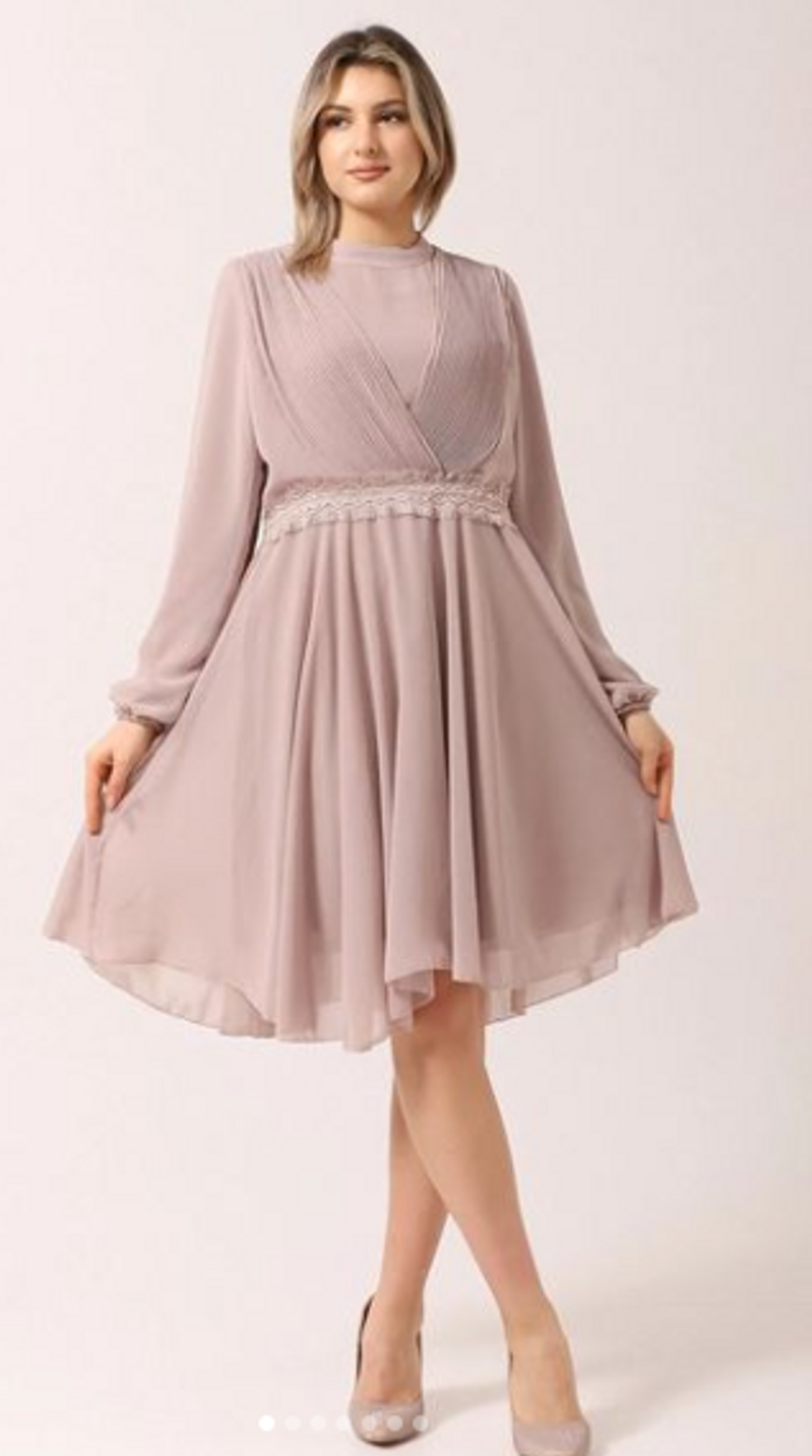 Notion Collection özel tasarımıyla lila tonlu mini boy balon kollu toptan elbise