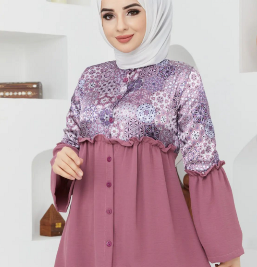 Lila Fashion'ın tesettür modası kataloğundan balon kol mozaik desenli toptan tunik