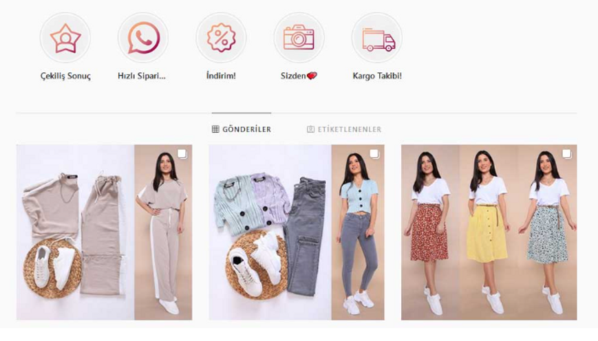 Instagram giyim sayfası için hazırlanan ve farklı ürün çeşitlerini sergileyen giysi kataloğu 