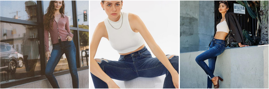 Drei Mädchen tragen dunkelblaue Skinny-Großhandelsjeans von KanCan USA