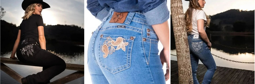 Drei Frauen tragen dünne Miss Me-Jeans im Großhandel mit Ornamenten