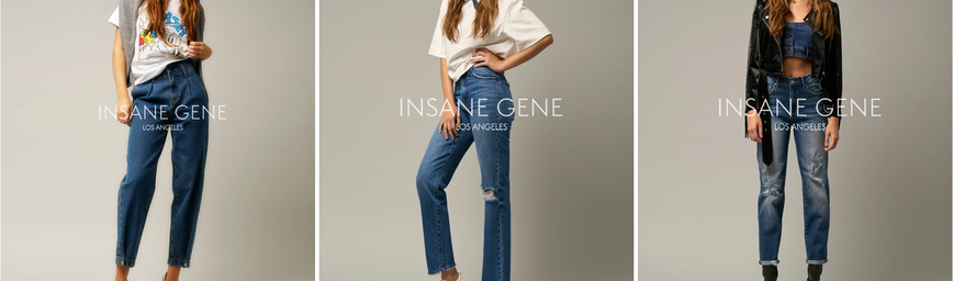 Ein Mädchen trägt blaue Insane Gene USA Großhandelsjeans 