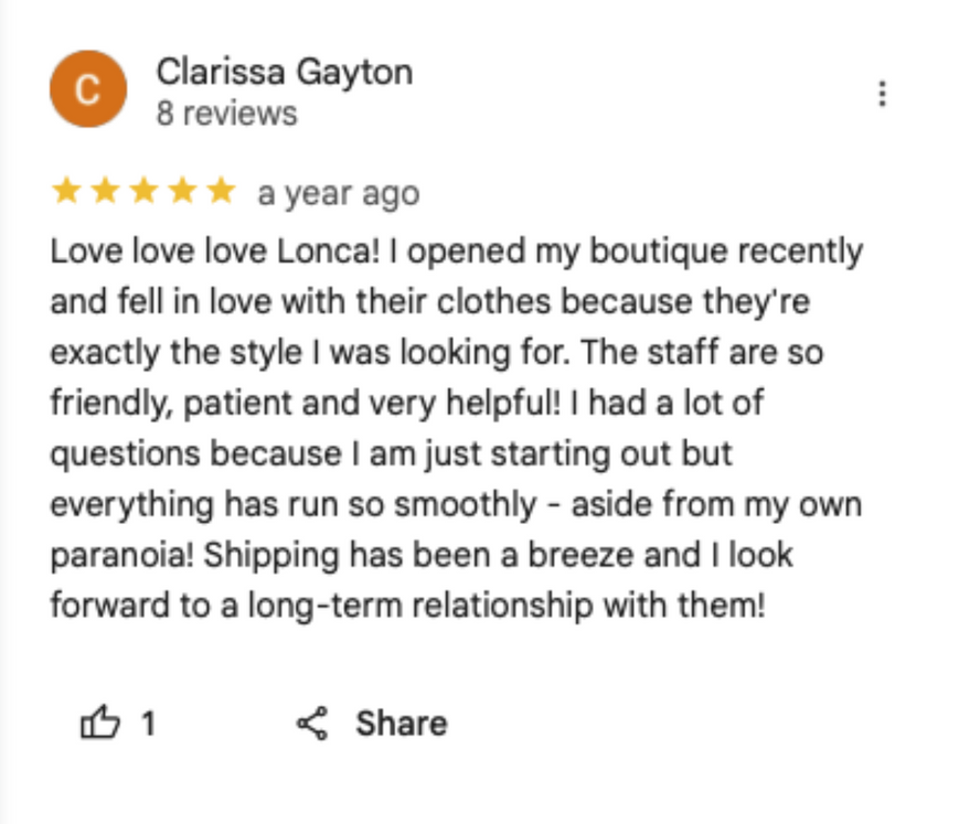 Lonca's good google review screenshot