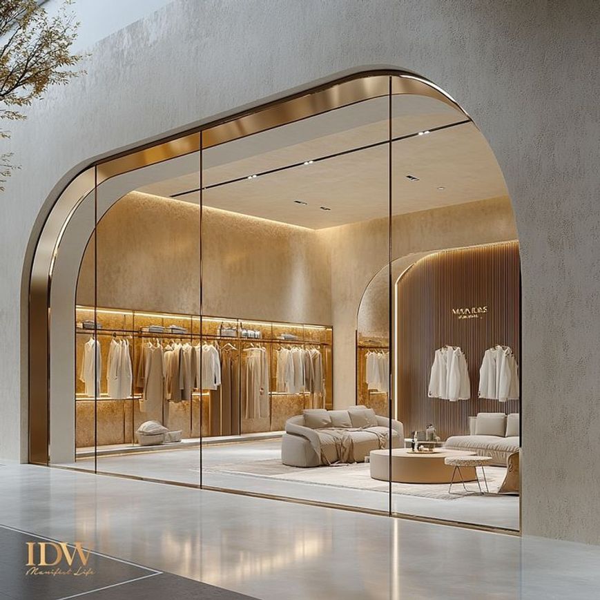 Modern clothing store interior design offering consistency with the colors, layered lighting, custom furniture and displays