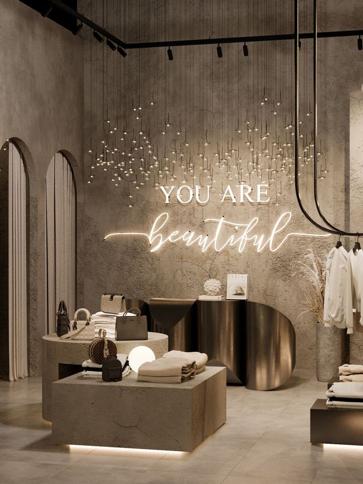 Modern clothing store interior design using layered lighting to emphasize clothes and accessories