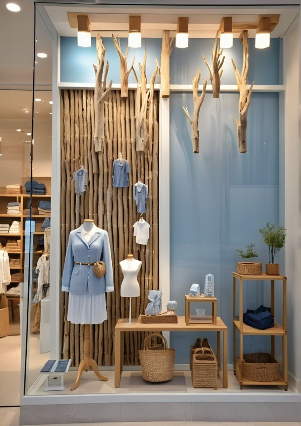 A clothing store with modern decoration incorporating wooden display racks and decor
