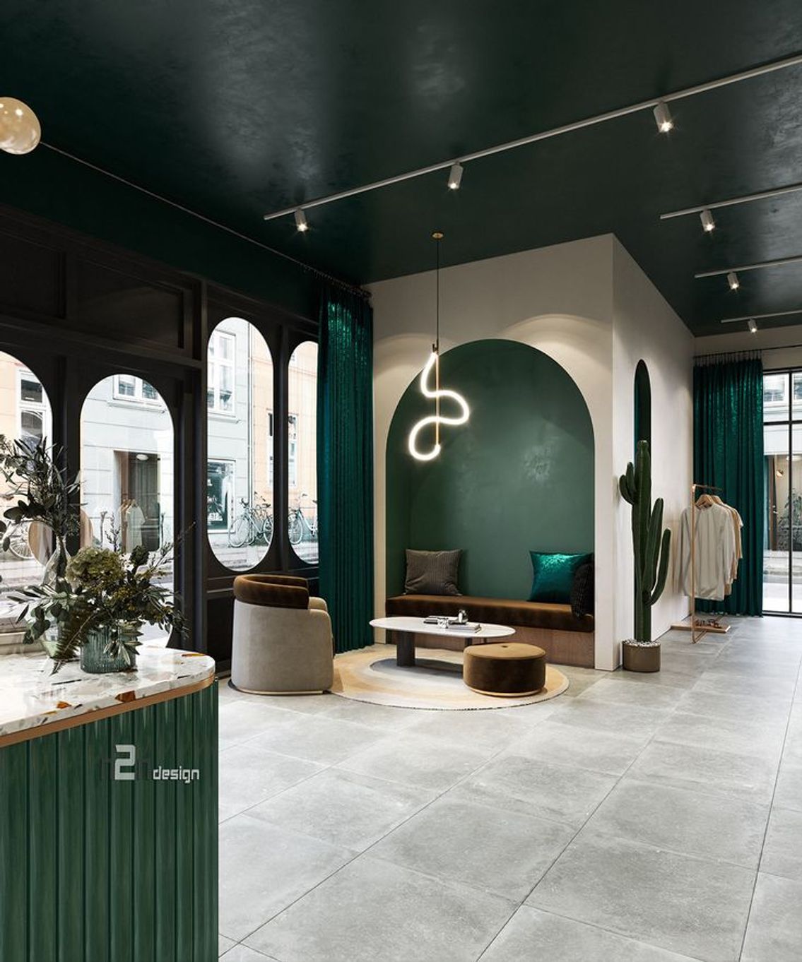 Modern clothing store interior design with custom furniture and displays