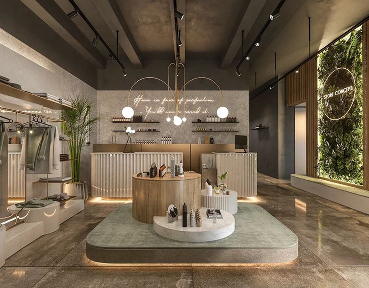 Aydınlatma kullanan ve sınırlı sayıda üretilen ürünleri sergileyen minimalist modern giyim mağazası iç tasarımı