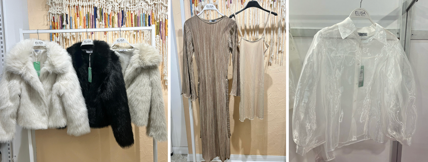 from left to right: grey and black jackets, a grey dress and a blouse, transparent white shirt 
