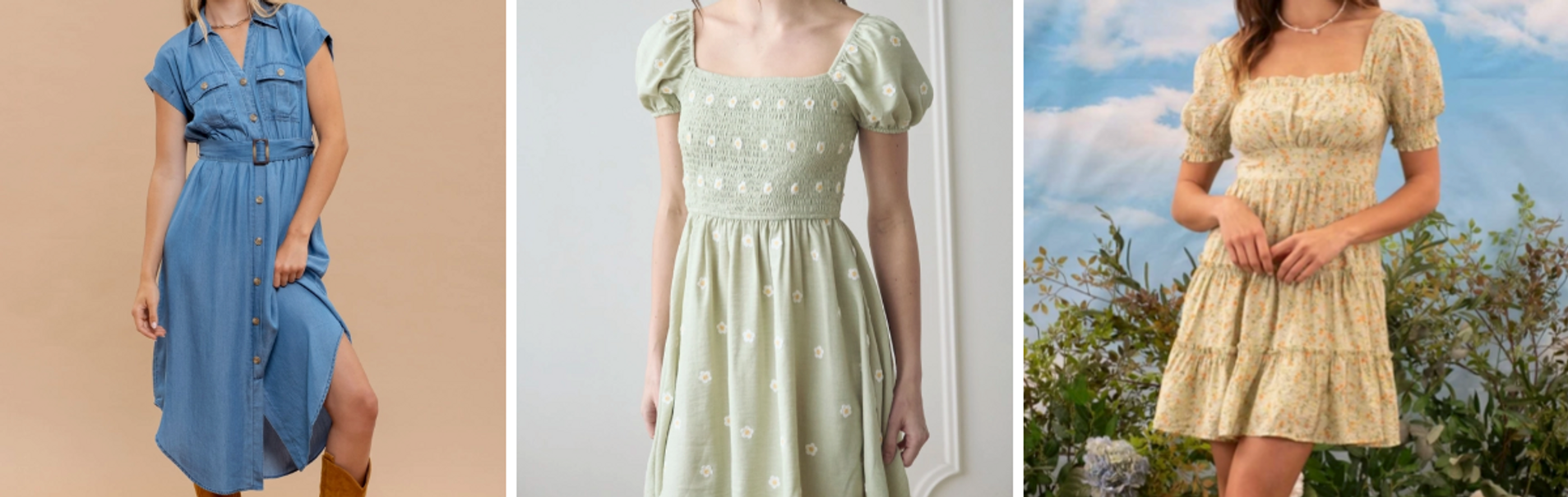 women models with summer dresses: denim, light green floral and light yellow floral