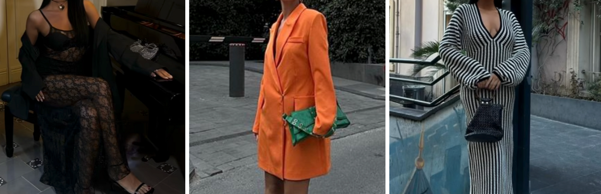 black lace dress on a model, orange suit and green purse on a model, black and white stripped dress on a model