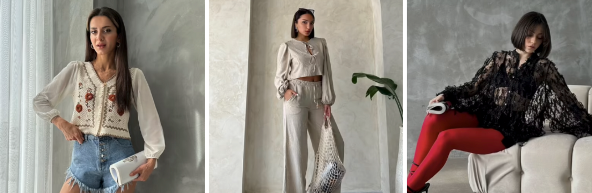 white floral shirt and denim short on a model, a grey blouse and grey pants on a model, black transparent blouse and black bra on a model
