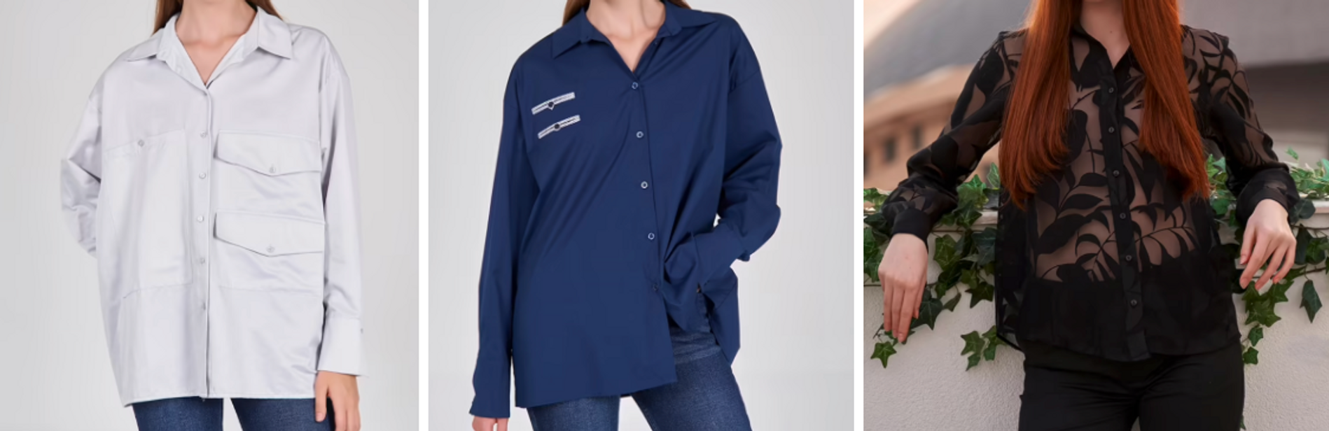 a Grey shirt, a blue shirt and a black lace shirt on models