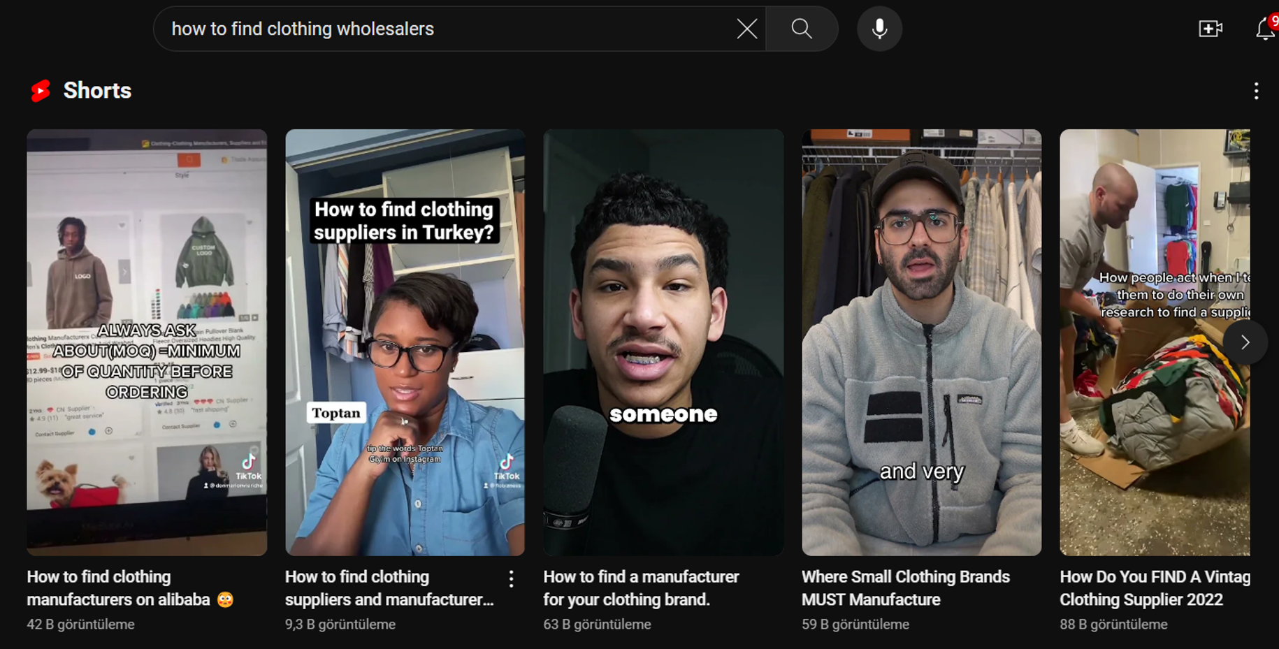 screenshot of search results of "how to find clothing wholesalers" in YouTube