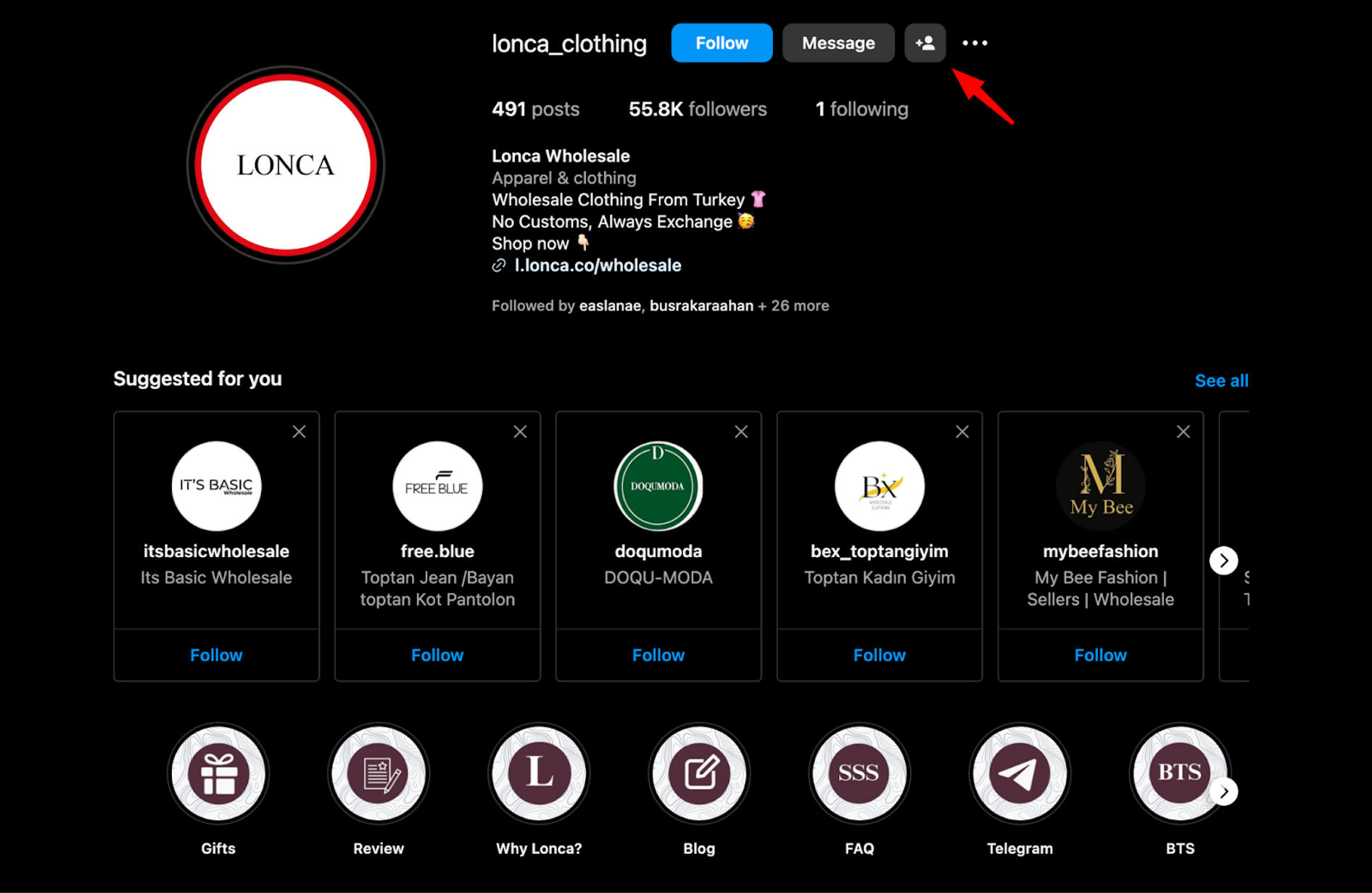 screenshot of online B2B wholesale clothing marketplace Lonca's Instagram page 