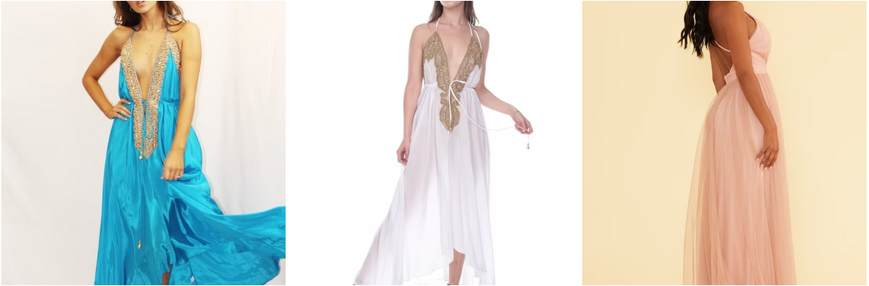 Blue, white and light pink dresses from Beaty and the City, a LA fashion district store