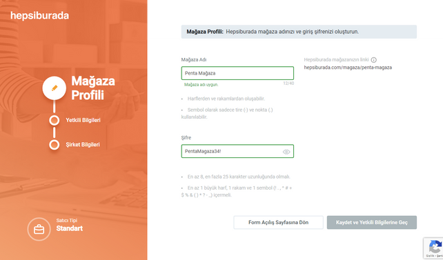Hepsiburada platformu üzerinde satıcı profili oluşturmak için başvuru arayüzünde şirket ve ürün bilgileri talep ediliyor.